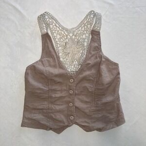 Papaya Vest Top Medium Linen Blend Crop Brown Crochet Back Button Up Sleeveless